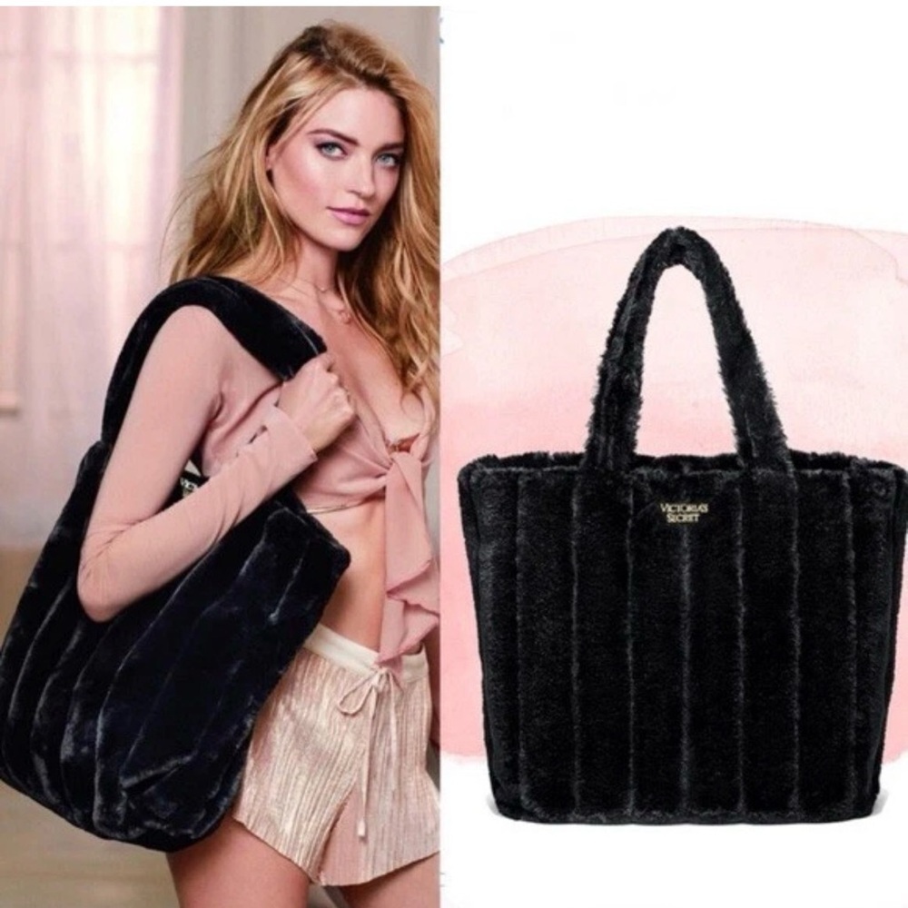 Victorias Secret NWT Hobo Weekender Black Faux Fur Tote Bag - Picture 3 of 9